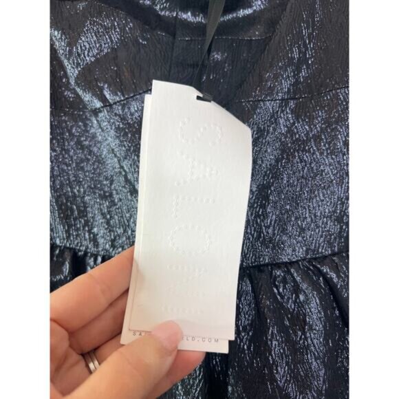 NWT Saloni Rachel-D Metallic Crinkled Puffed Sleeve Mini Dress Midnight Blue - Picture 4 of 7